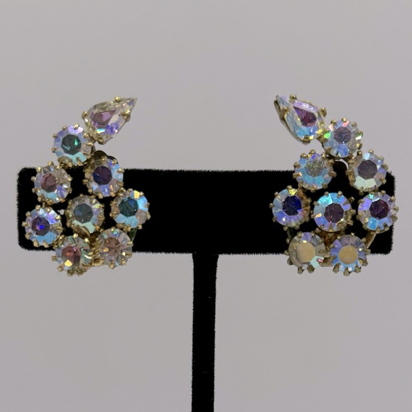 VINTAGE Aurora Borealis Crystal Paisley Clip-On Earrings - Picture 1 of 13
